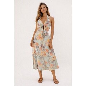 ZOE Mint Tropical Floral Midi Dress Size L Vtg Y2K California Resort Retro Pinup